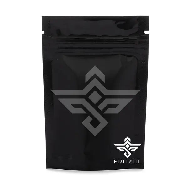 Erozul Black Mylar Bags 1/8 oz – 12 Pack: moisture-resistant stand-up pouches with a geometric logo and EROZUL in white at the bottom right—premium storage for your needs.